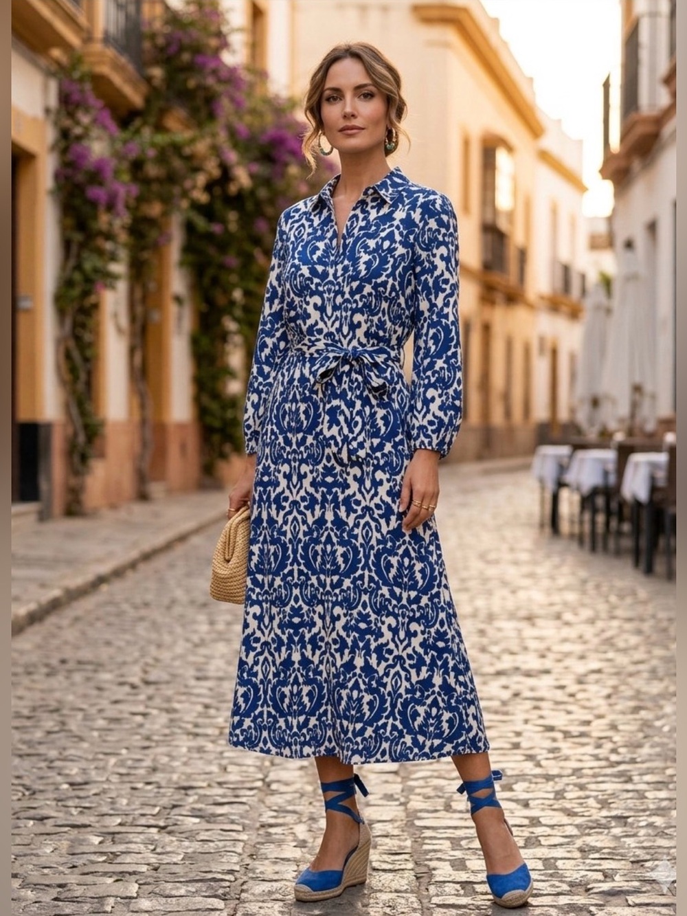 Zara Blue and White Long Sleeve Patterned Shirt Dress